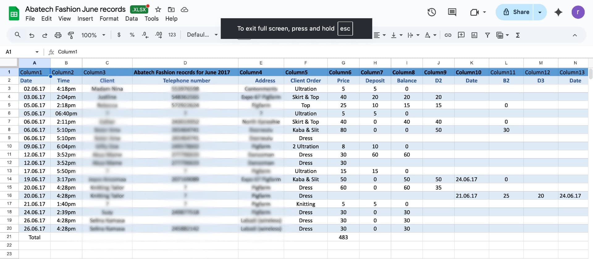 Google Sheets spreadsheet used as the first attempt to organize client data