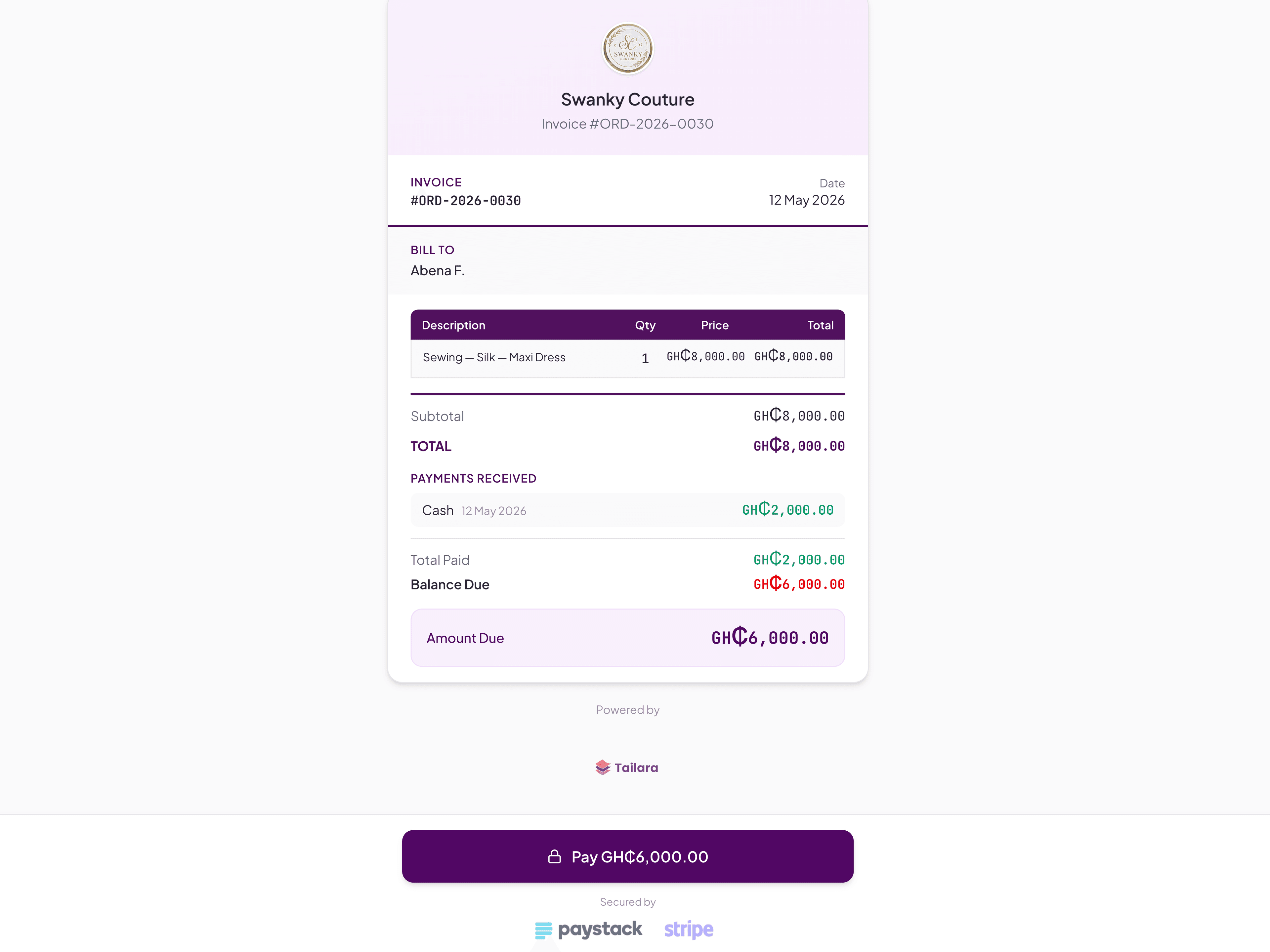 Payment link sent to a client, payable via mobile money or card with funds settling to the tailor's bank account