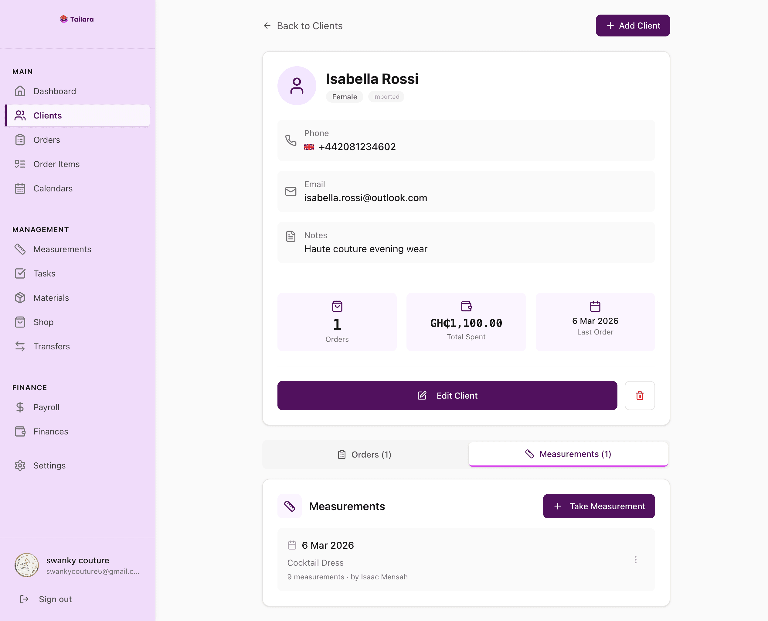 Client profile in Tailara showing measurement records linked to a specific garment style