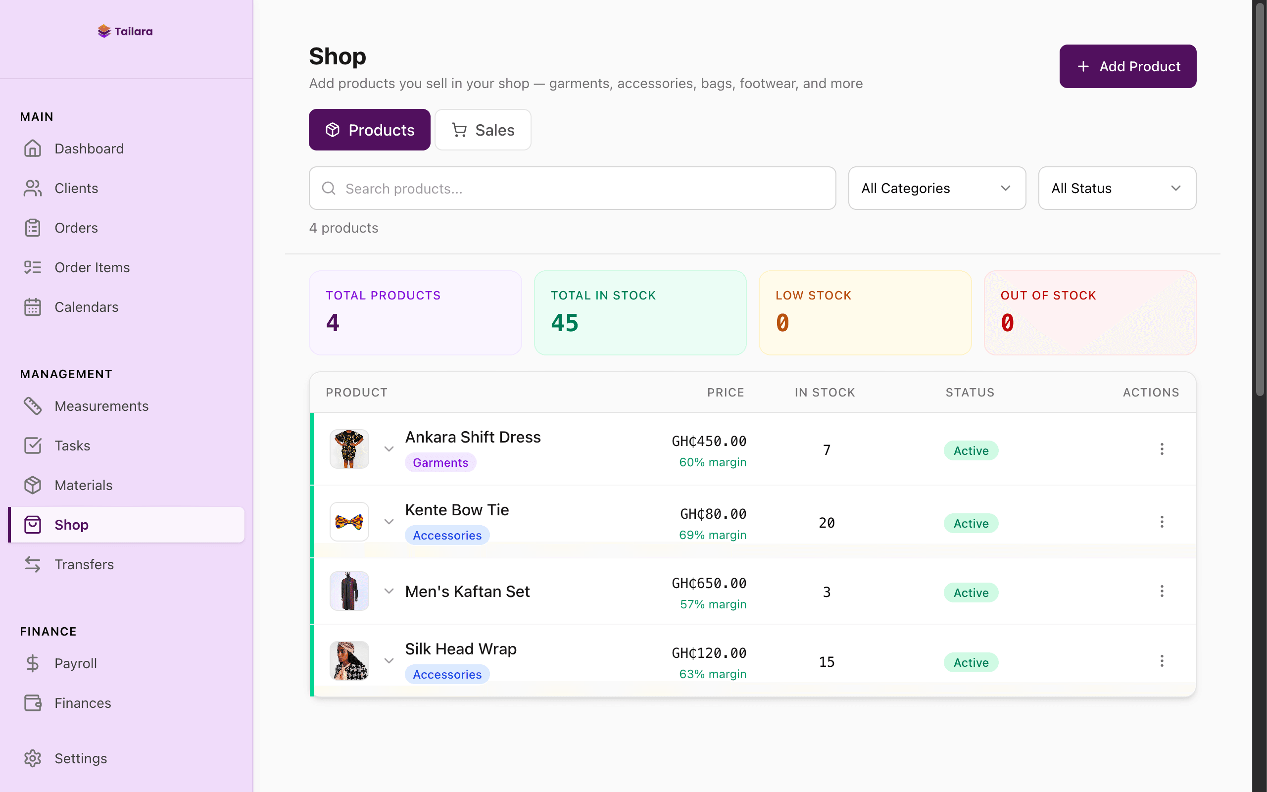 Shop products page with product cards, pricing, and stock management
